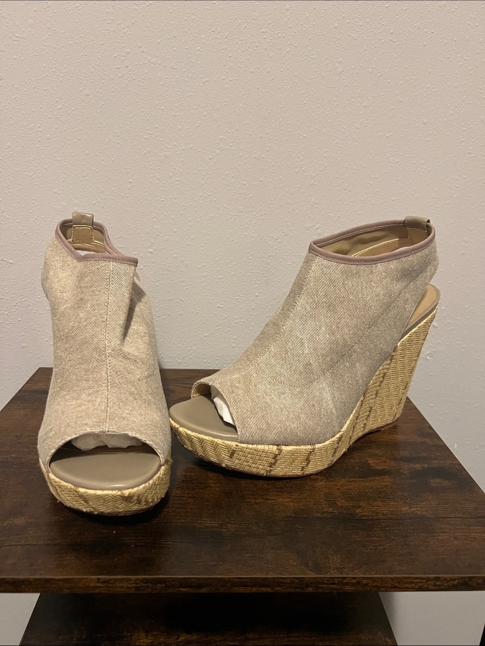 Stuart Weitzman Beige Canvas Peep-Toe Espadrille Wedges